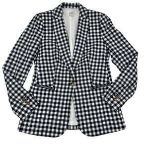 J. Crew Linen Blend Navy White Gingham Classic Timeless Blazer Women's Size 0